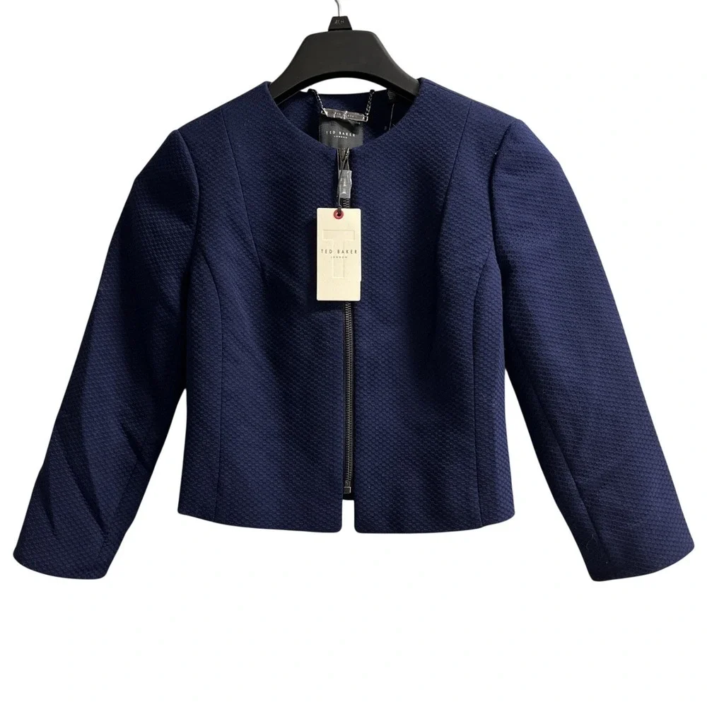 Ted Baker Blazer Navy Blue Cropped Textured Jacket Womens 0 Office Career Staple